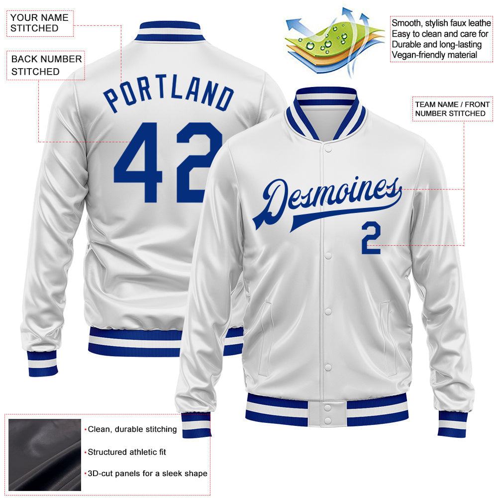Custom White Royal Bomber Full-Snap Varsity Faux Leather Letterman Jacket view 2
