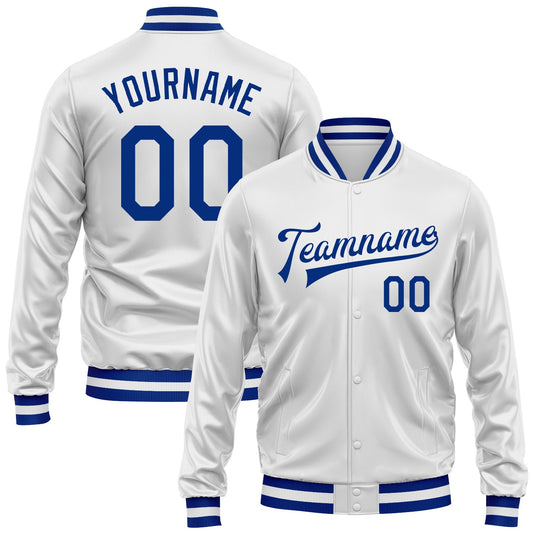 Custom White Royal Bomber Full-Snap Varsity Faux Leather Letterman Jacket - Main View