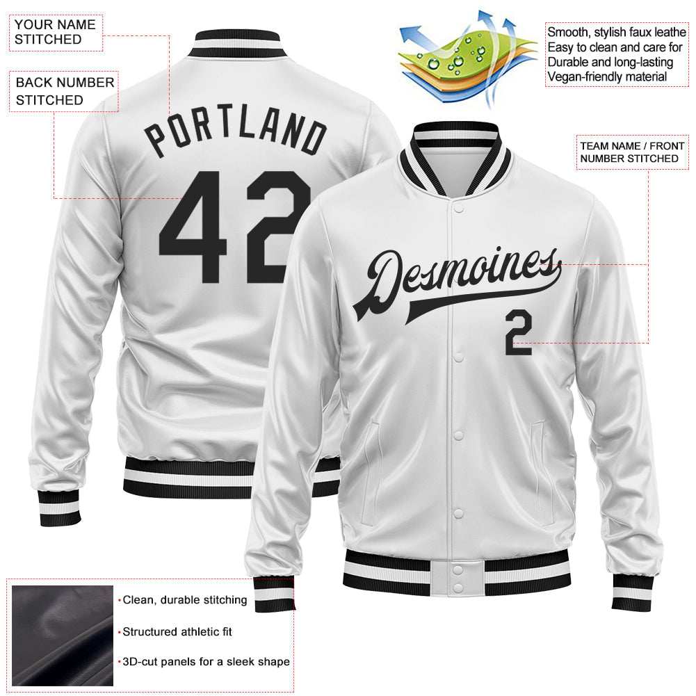 Custom White Black Bomber Full-Snap Varsity Faux Leather Letterman Jacket view 2