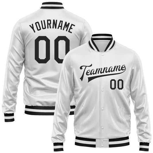 Custom White Black Bomber Full-Snap Varsity Faux Leather Letterman Jacket - Main View