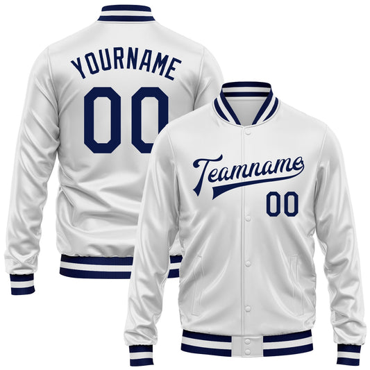 Custom White Navy Bomber Full-Snap Varsity Faux Leather Letterman Jacket - Main View