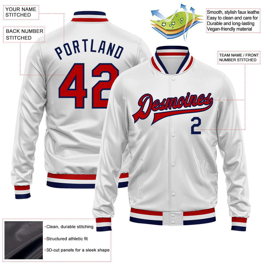 Custom White Red-Navy Bomber Full-Snap Varsity Faux Leather Letterman Jacket view 2