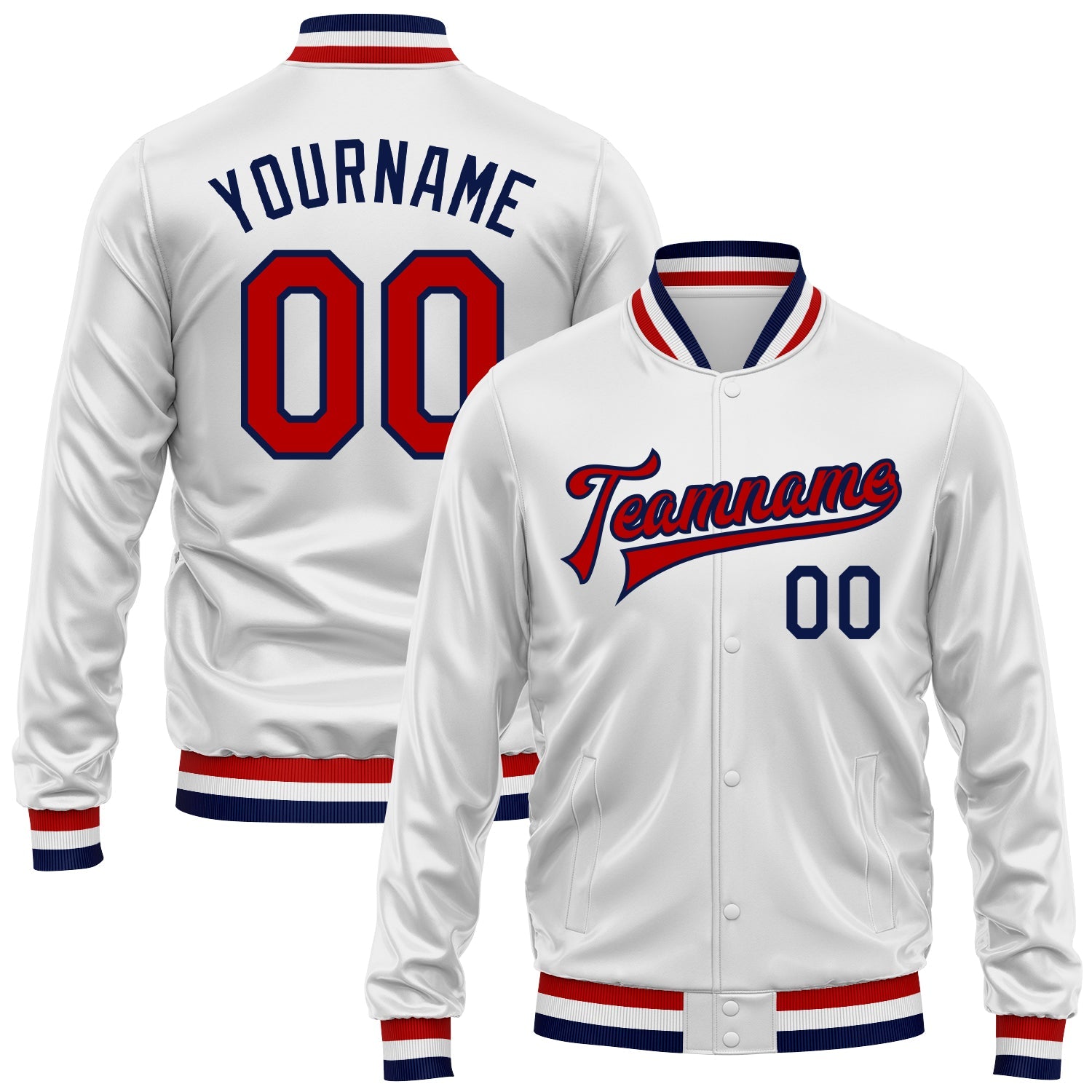 Custom White Red-Navy Bomber Full-Snap Varsity Faux Leather Letterman Jacket - Main View