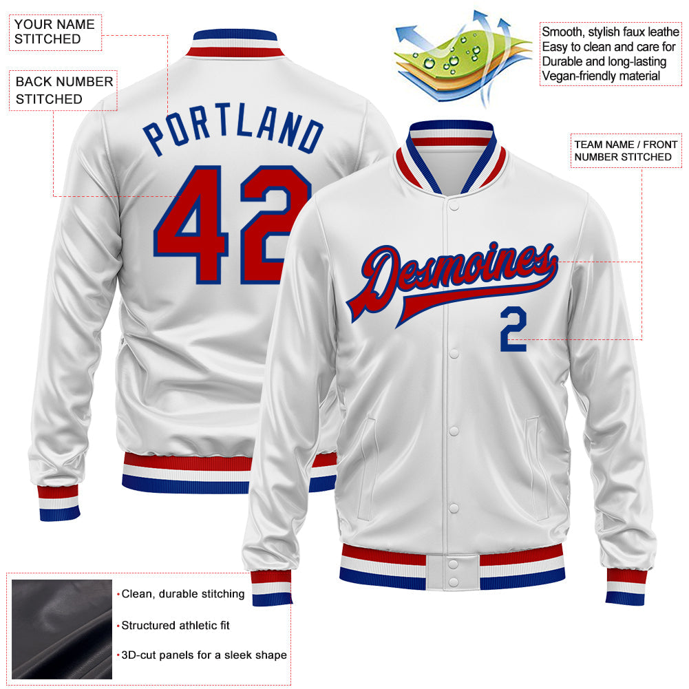Custom White Red-Royal Bomber Full-Snap Varsity Faux Leather Letterman Jacket view 2