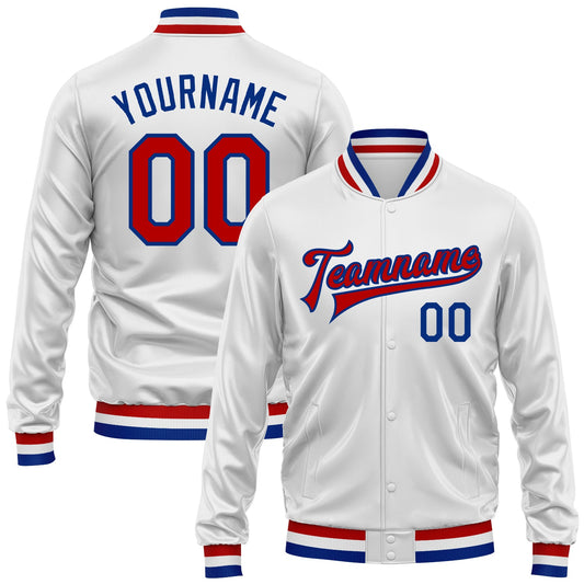 Custom White Red-Royal Bomber Full-Snap Varsity Faux Leather Letterman Jacket - Main View