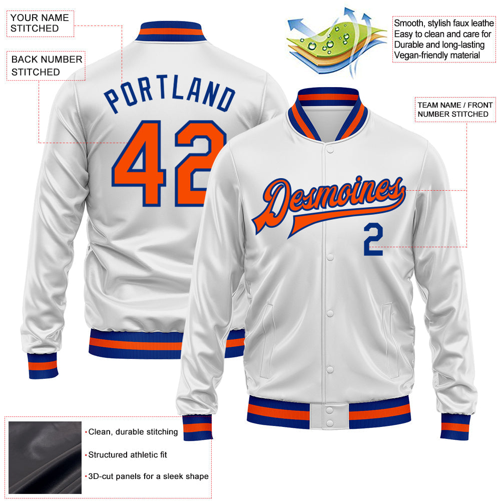 Custom White Orange-Royal Bomber Full-Snap Varsity Faux Leather Letterman Jacket view 2