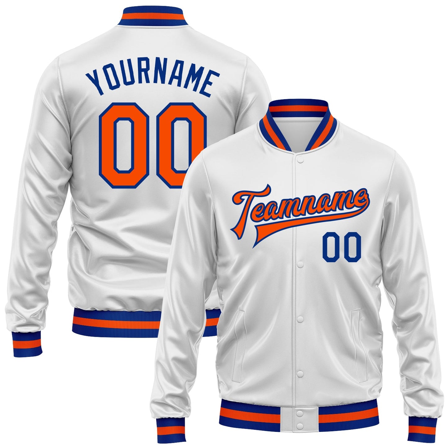 Custom White Orange-Royal Bomber Full-Snap Varsity Faux Leather Letterman Jacket - Main View