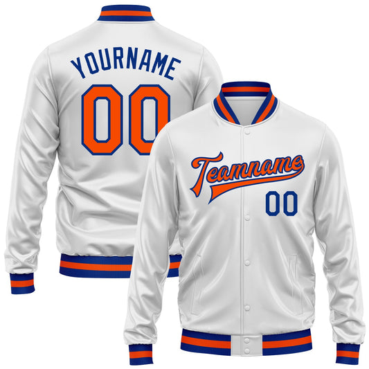 Custom White Orange-Royal Bomber Full-Snap Varsity Faux Leather Letterman Jacket - Main View