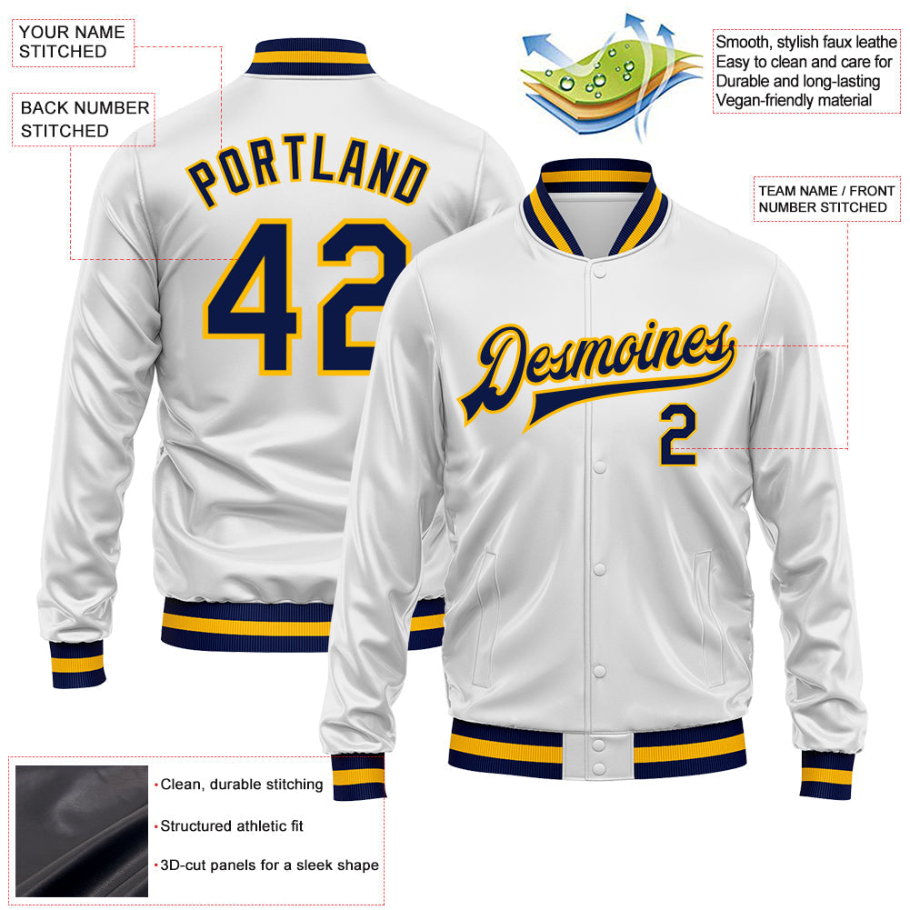 Custom White Navy-Gold Bomber Full-Snap Varsity Faux Leather Letterman Jacket view 2