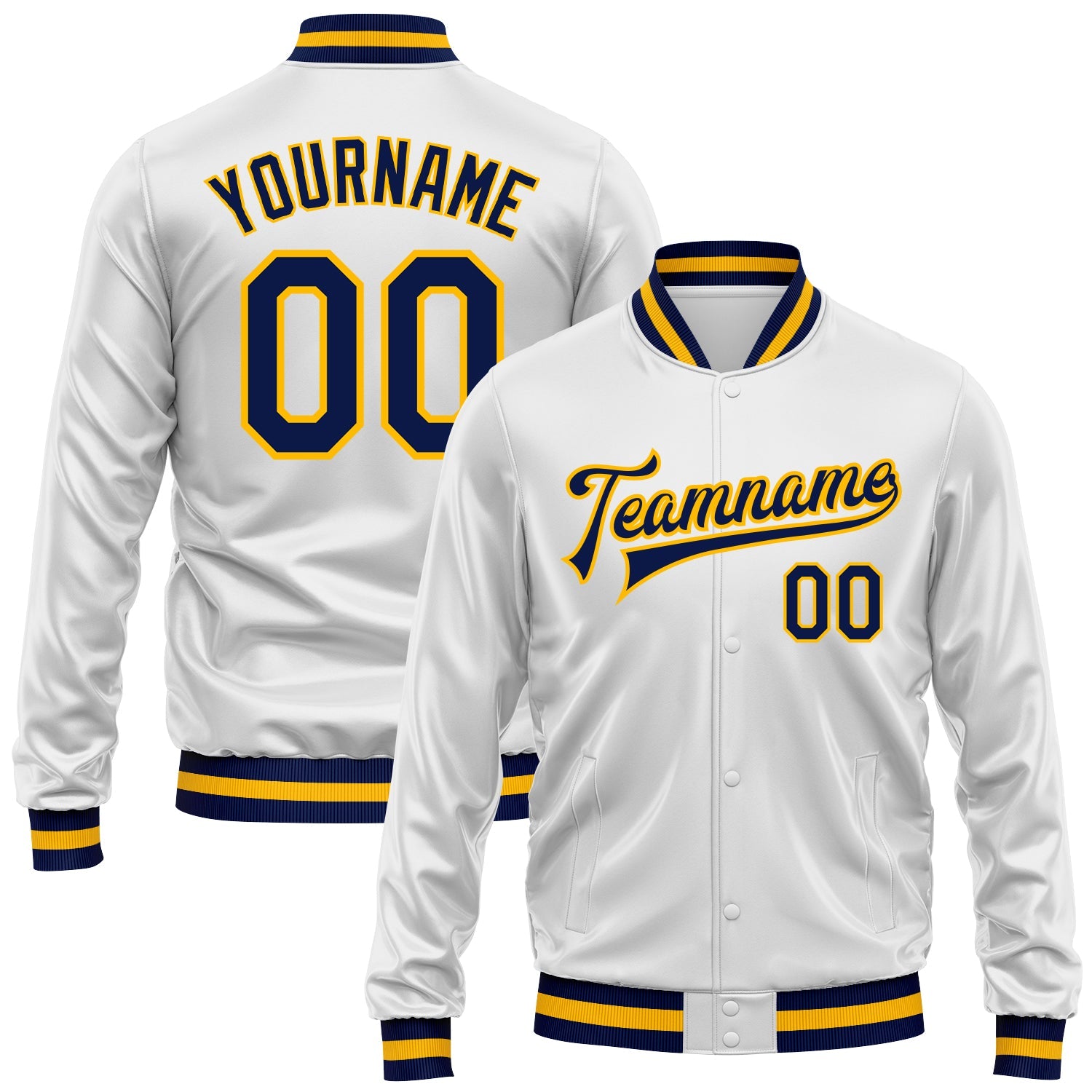Custom White Navy-Gold Bomber Full-Snap Varsity Faux Leather Letterman Jacket - Main View