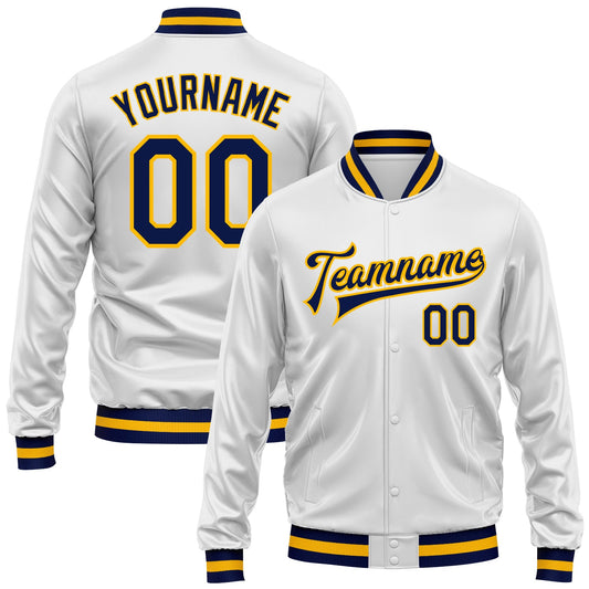 Custom White Navy-Gold Bomber Full-Snap Varsity Faux Leather Letterman Jacket - Main View