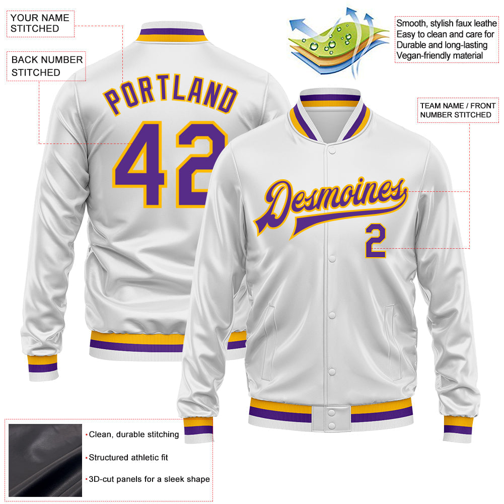 Custom White Purple-Gold Bomber Full-Snap Varsity Faux Leather Letterman Jacket view 2