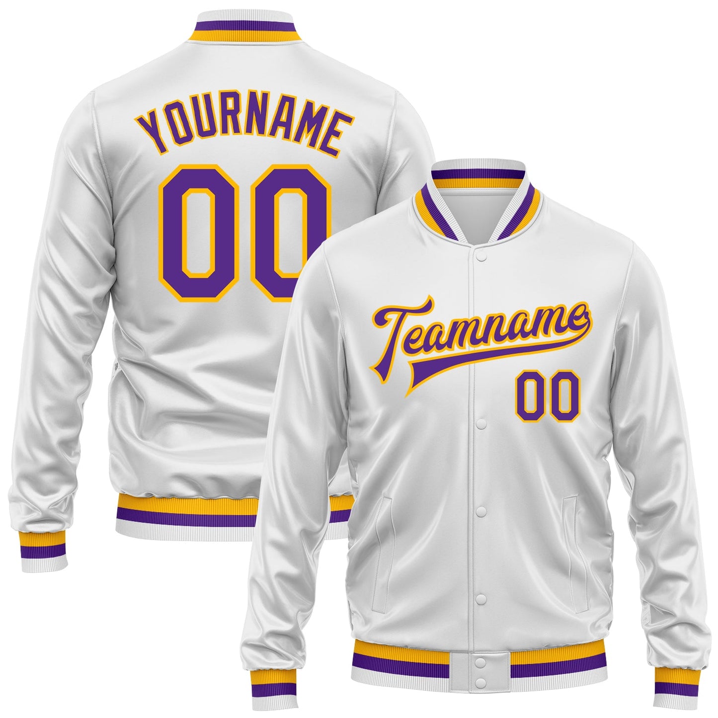 Custom White Purple-Gold Bomber Full-Snap Varsity Faux Leather Letterman Jacket - Main View