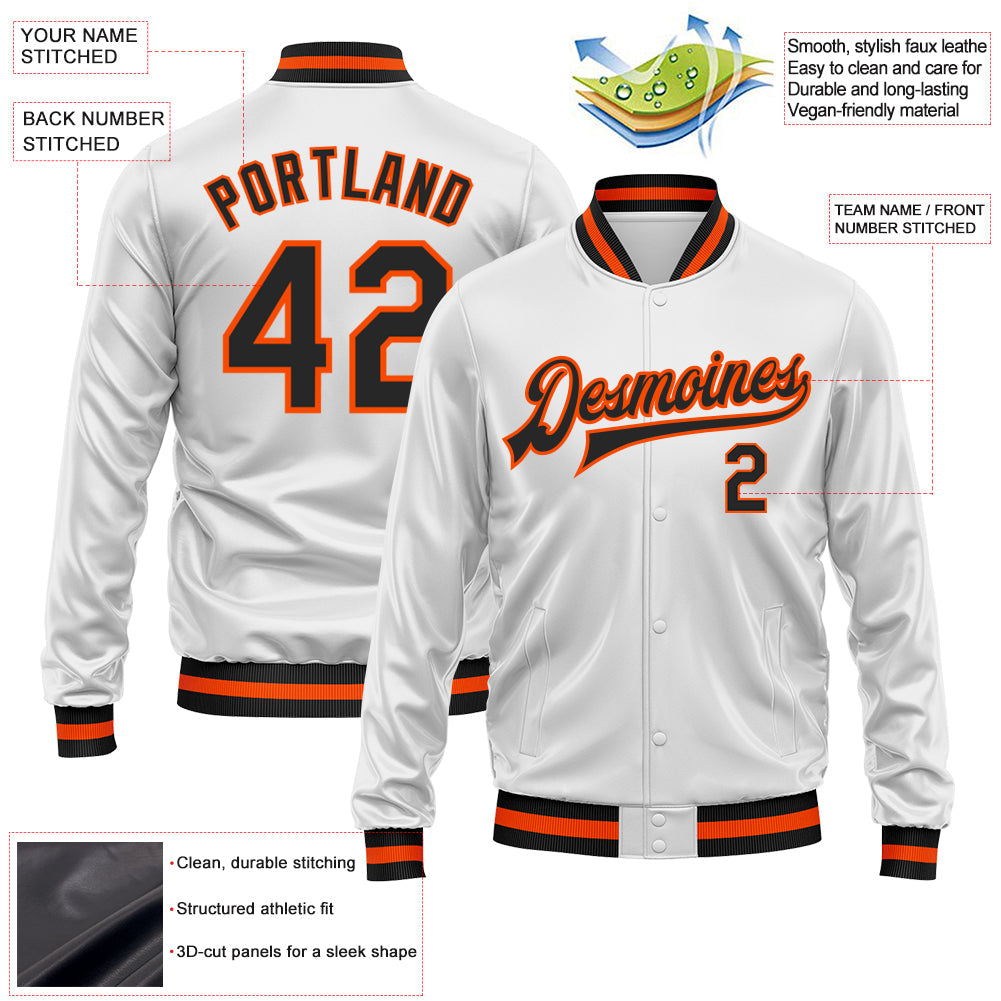 Custom White Black-Orange Bomber Full-Snap Varsity Faux Leather Letterman Jacket view 2