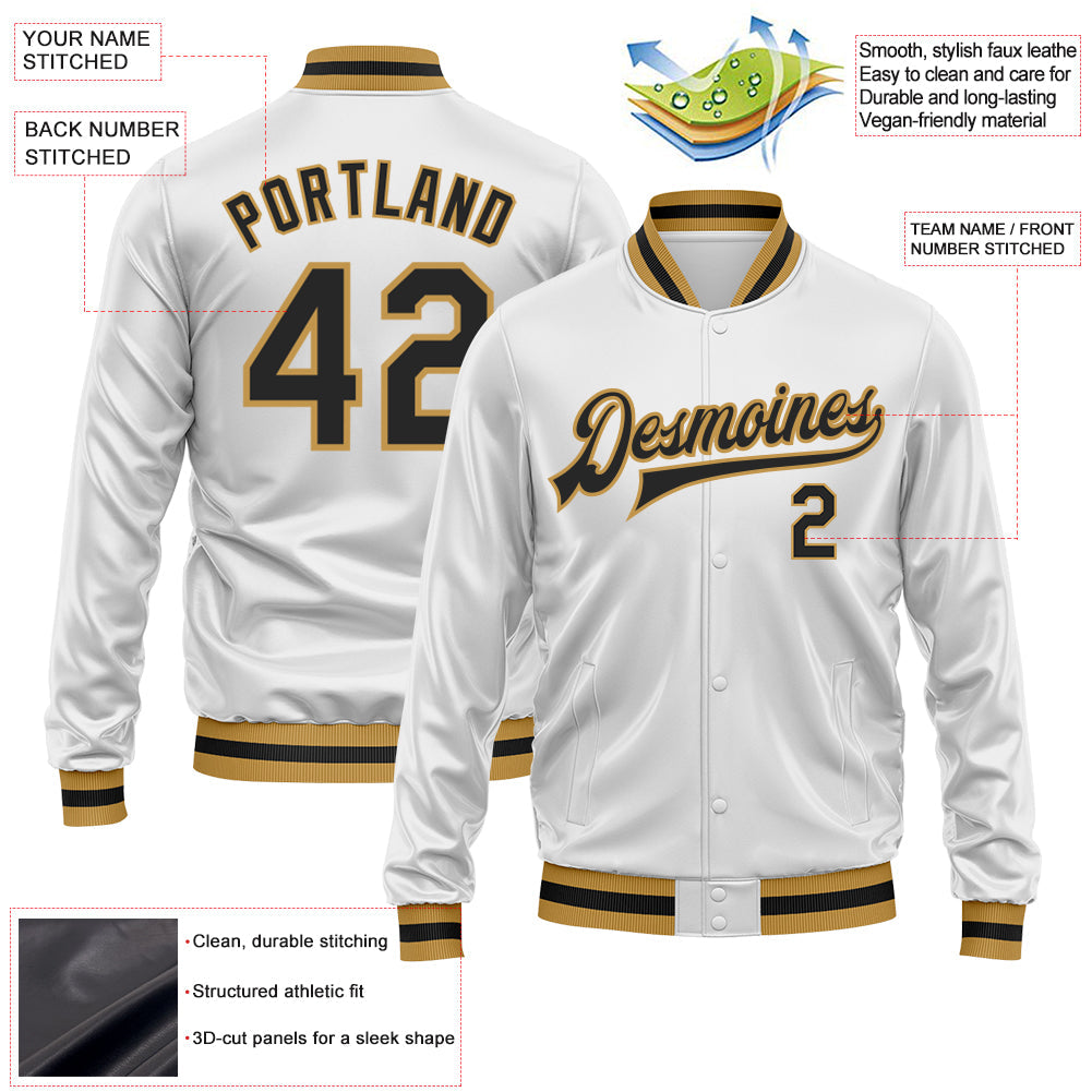 Custom White Black-Old Gold Bomber Full-Snap Varsity Faux Leather Letterman Jacket view 2