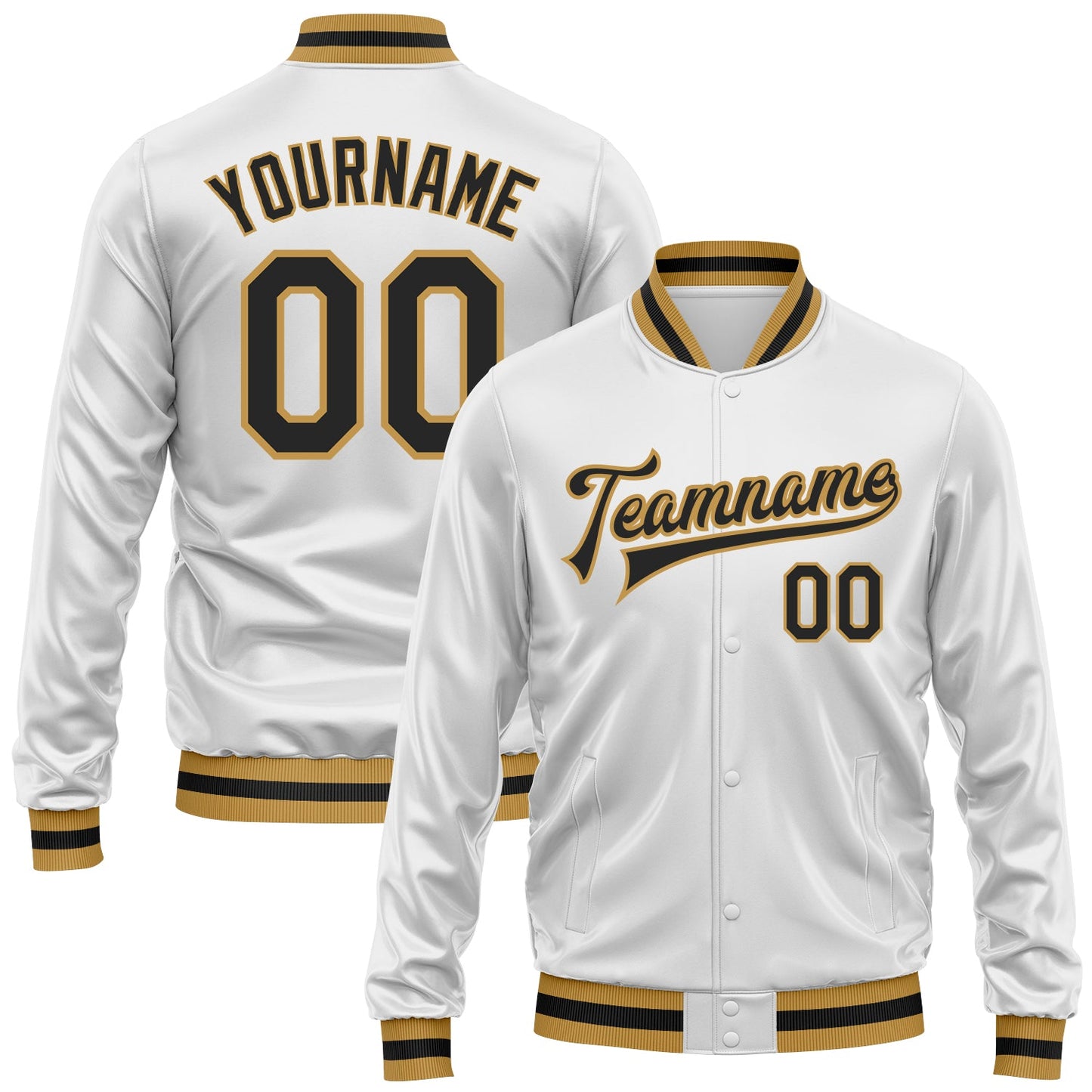 Custom White Black-Old Gold Bomber Full-Snap Varsity Faux Leather Letterman Jacket - Main View