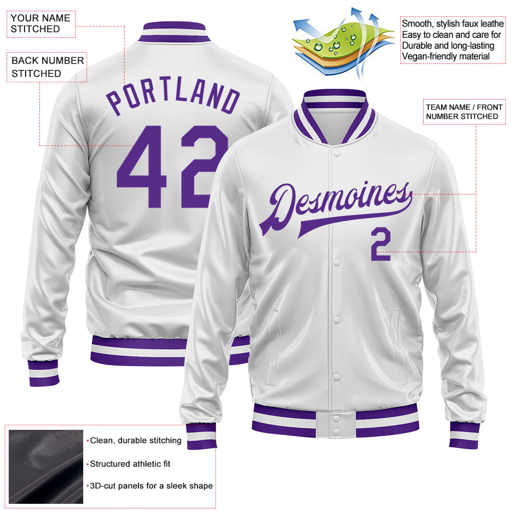Custom White Purple Bomber Full-Snap Varsity Faux Leather Letterman Jacket view 2