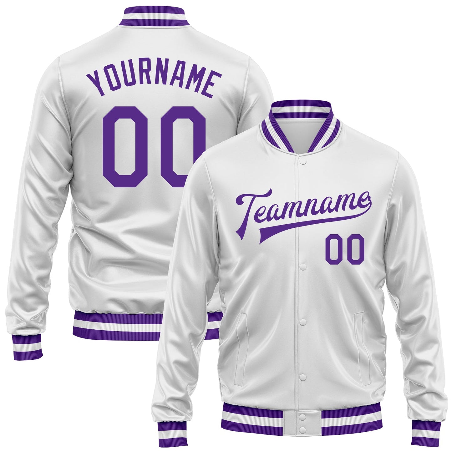 Custom White Purple Bomber Full-Snap Varsity Faux Leather Letterman Jacket - Main View