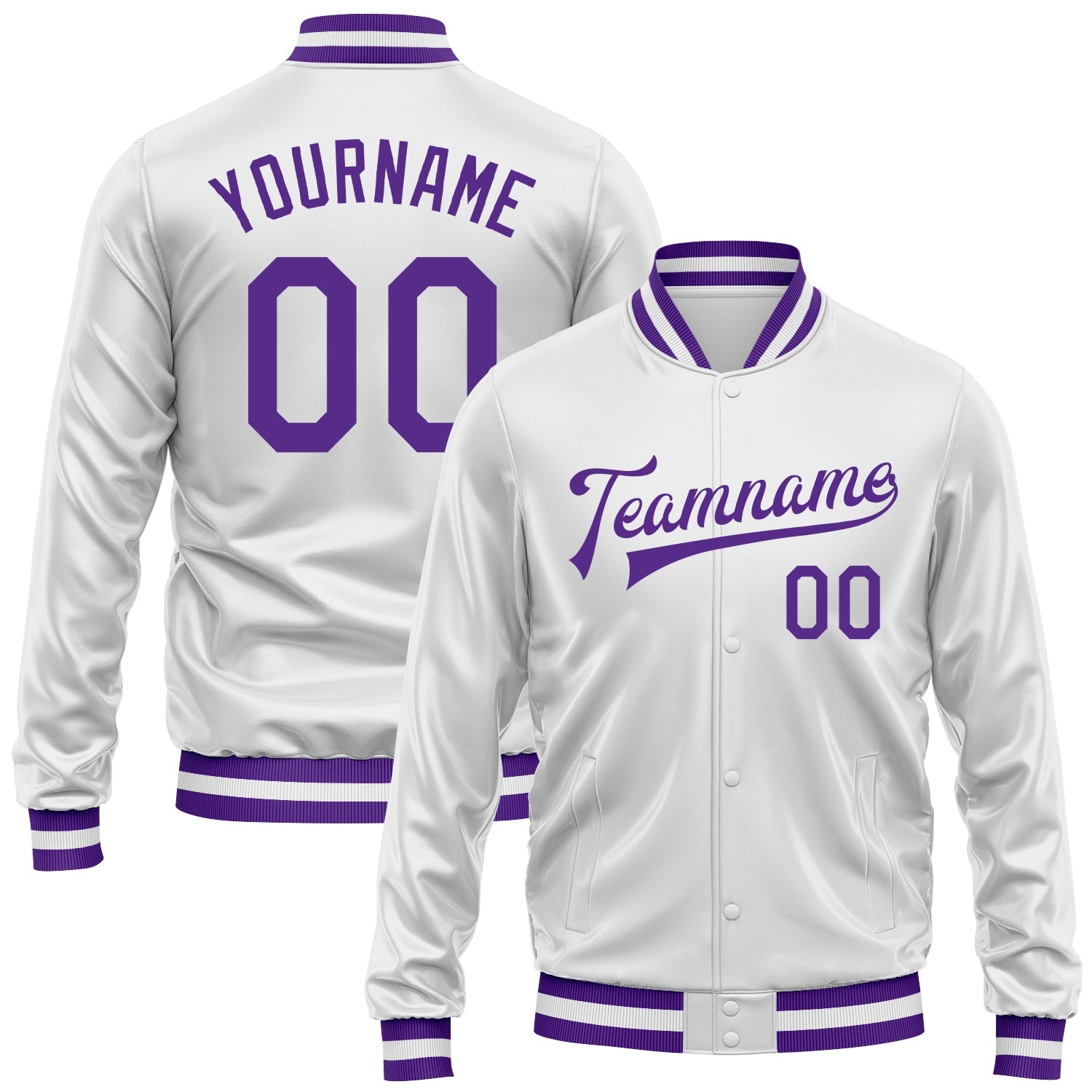 Custom White Purple Bomber Full-Snap Varsity Faux Leather Letterman Jacket - Main View