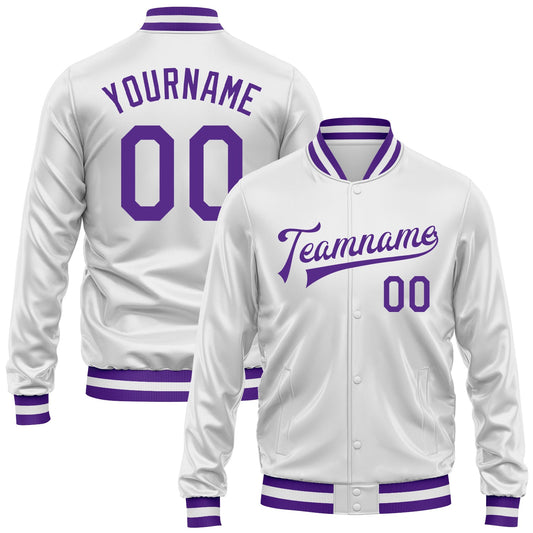 Custom White Purple Bomber Full-Snap Varsity Faux Leather Letterman Jacket - Main View