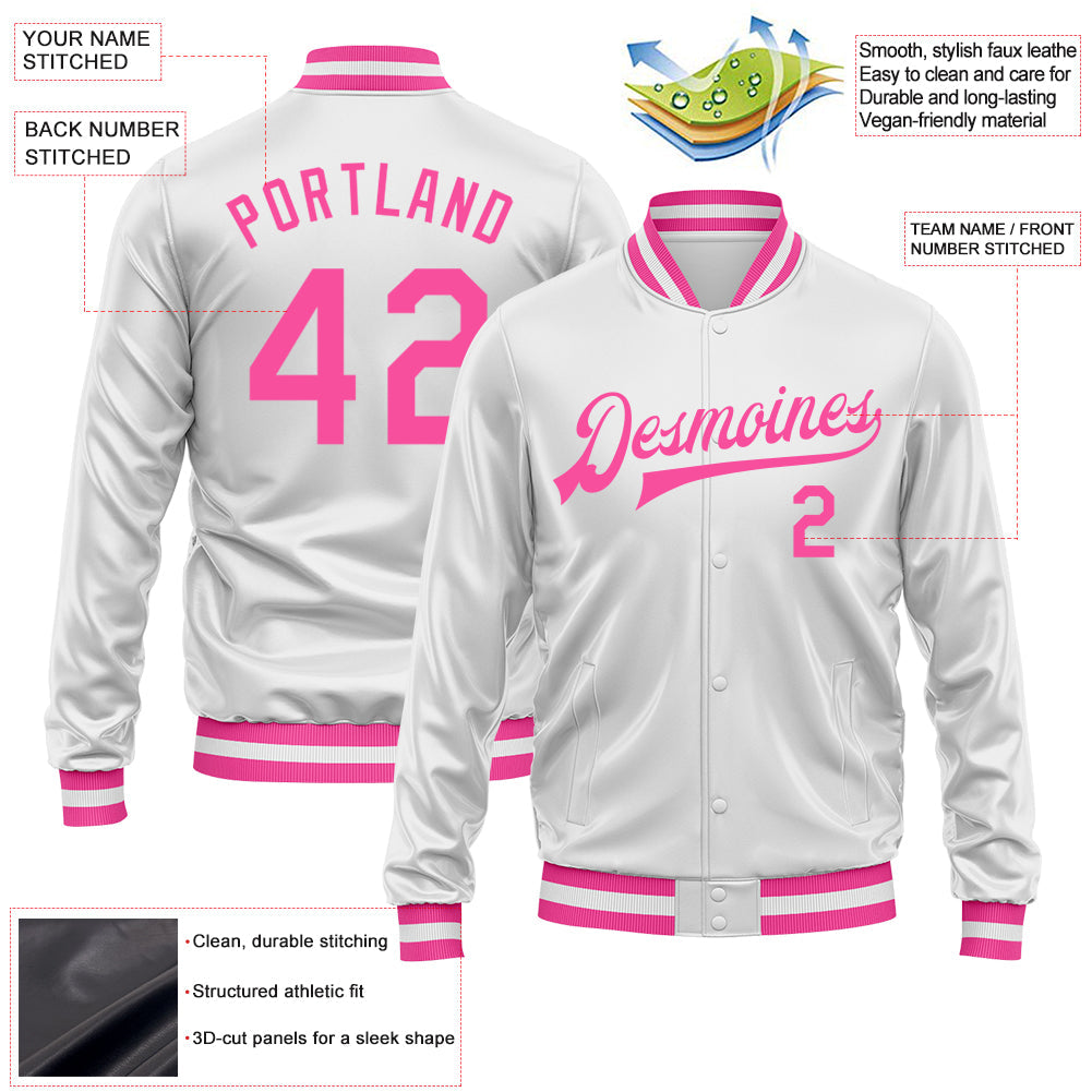 Custom White Pink Bomber Full-Snap Varsity Faux Leather Letterman Jacket view 2