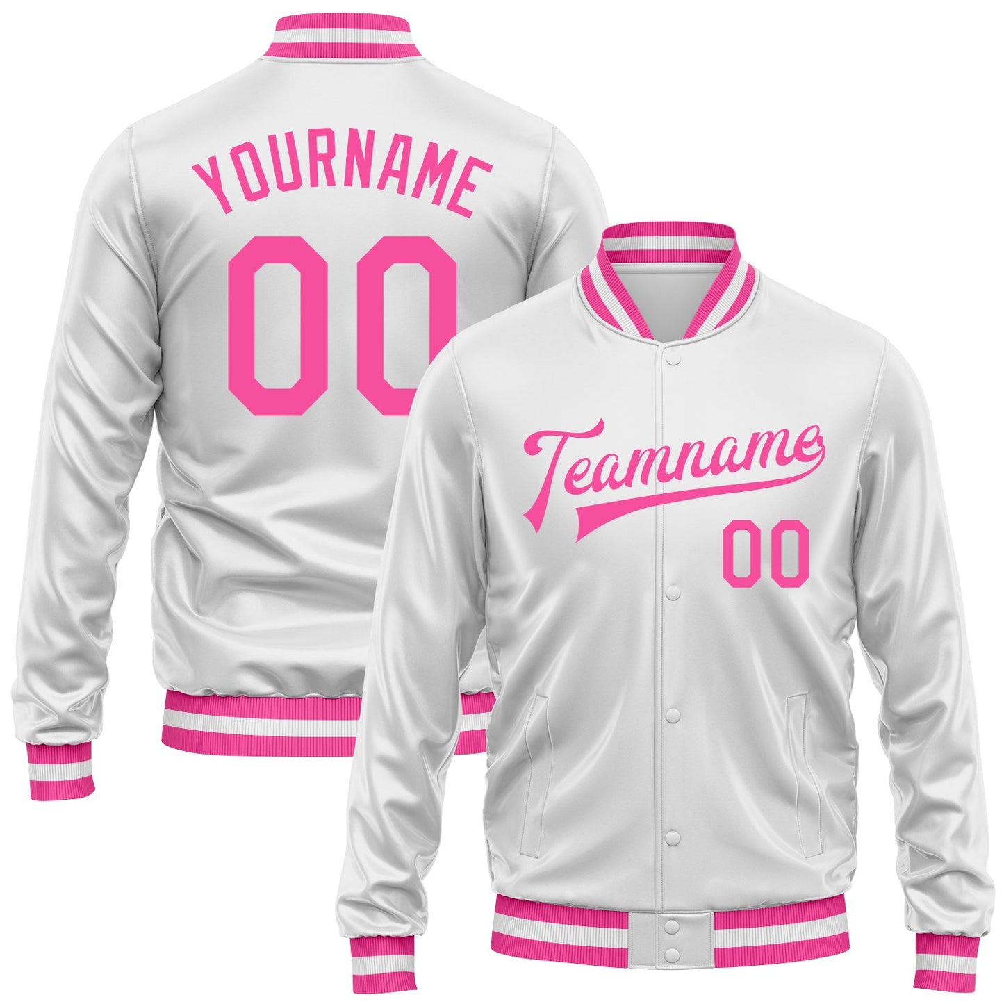 Custom White Pink Bomber Full-Snap Varsity Faux Leather Letterman Jacket - Main View