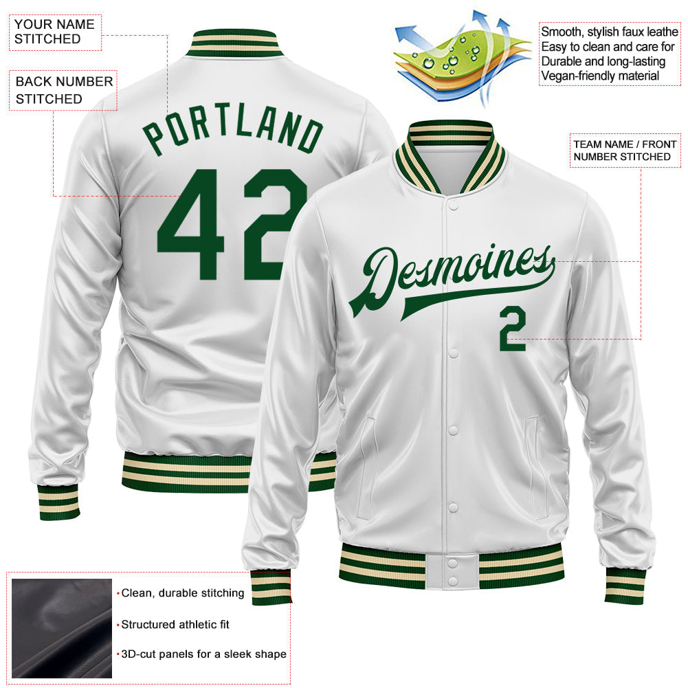 Custom White Green Bomber Full-Snap Varsity Faux Leather Letterman Jacket view 2