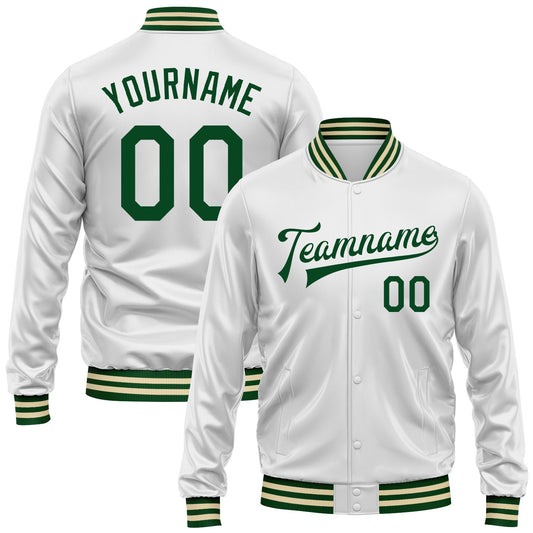 Custom White Green Bomber Full-Snap Varsity Faux Leather Letterman Jacket - Main View