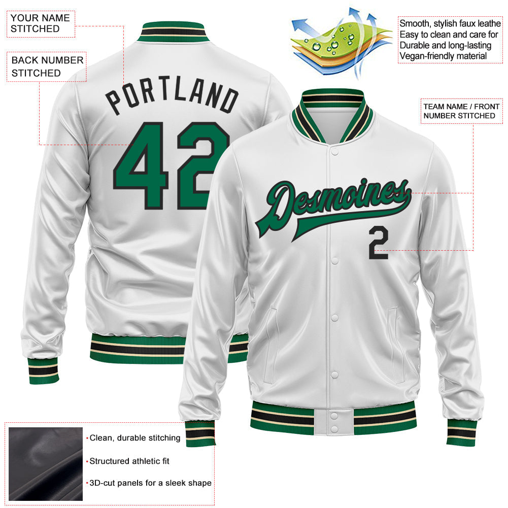 Custom White Kelly Green-Black Bomber Full-Snap Varsity Faux Leather Letterman Jacket view 2