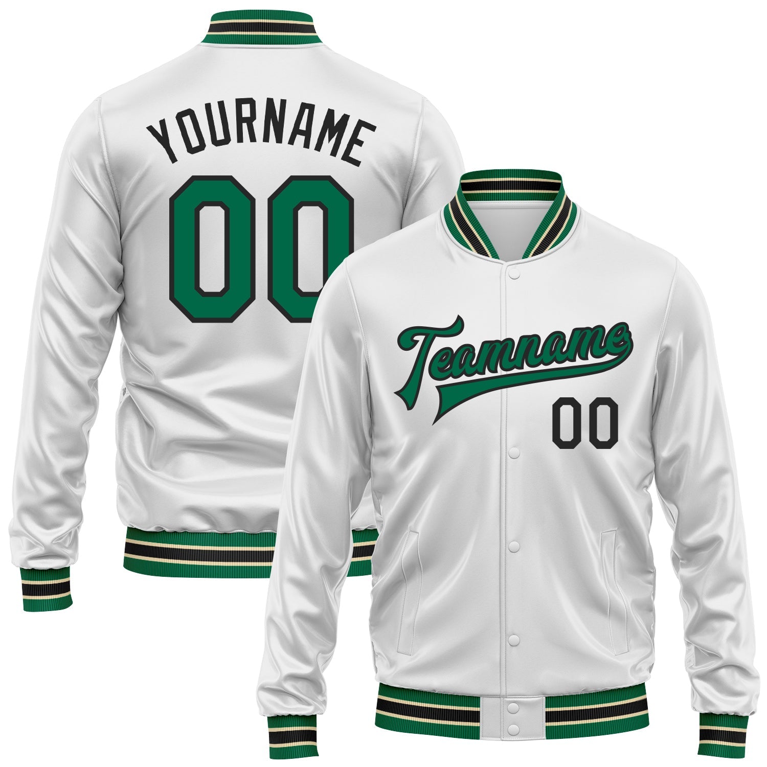 Custom White Kelly Green-Black Bomber Full-Snap Varsity Faux Leather Letterman Jacket - Main View