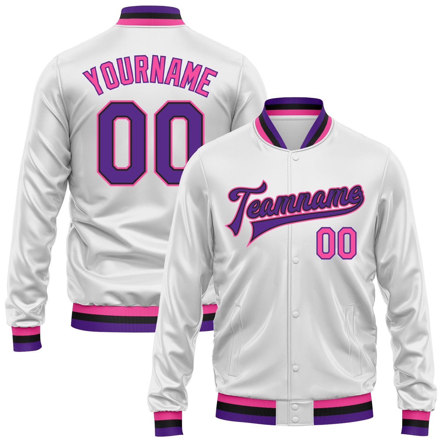 Custom White Purple Pink-Black Bomber Full-Snap Varsity Faux Leather Letterman Jacket - Main View