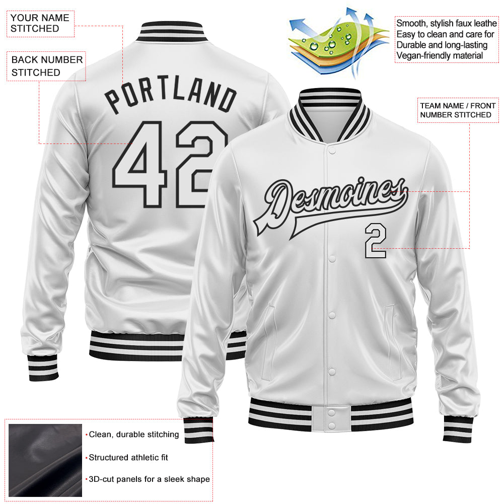 Custom White White-Black Bomber Full-Snap Varsity Faux Leather Letterman Jacket view 2