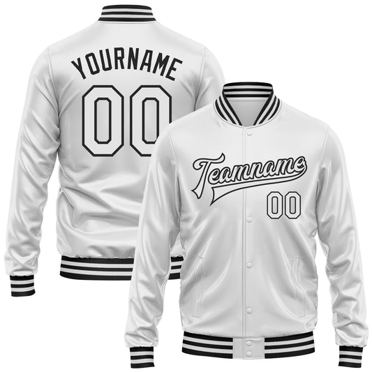 Custom White White-Black Bomber Full-Snap Varsity Faux Leather Letterman Jacket - Main View