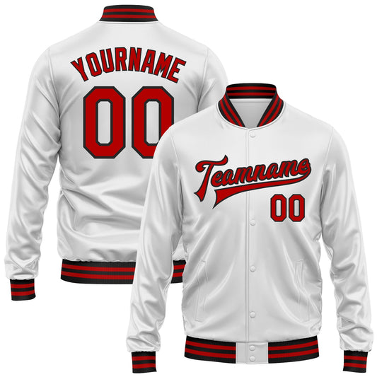 Custom White Red-Black Bomber Full-Snap Varsity Faux Leather Letterman Jacket - Main View