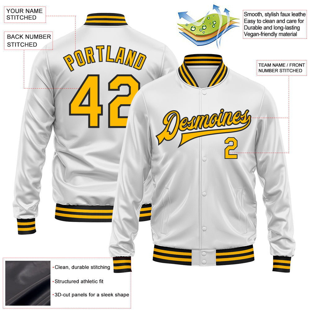 Custom White Gold-Black Bomber Full-Snap Varsity Faux Leather Letterman Jacket view 2