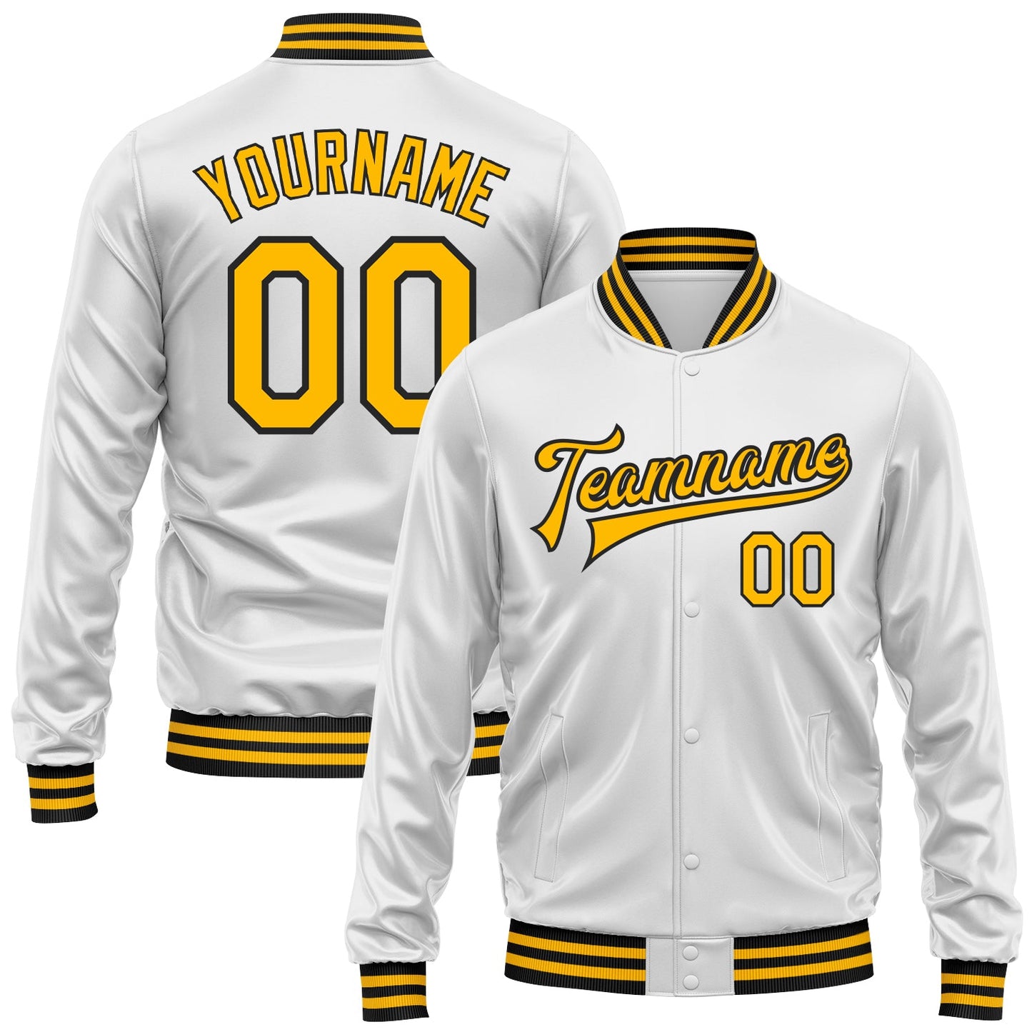 Custom White Gold-Black Bomber Full-Snap Varsity Faux Leather Letterman Jacket - Main View