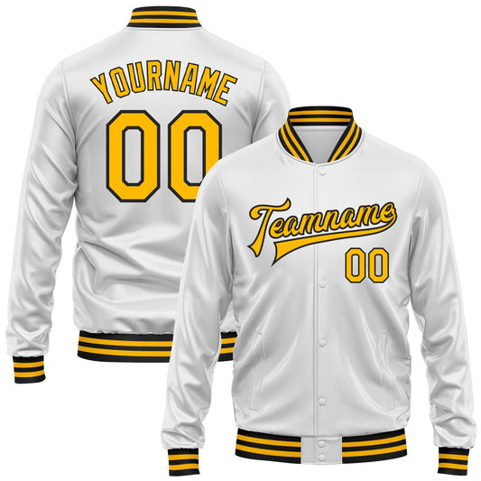 Custom White Gold-Black Bomber Full-Snap Varsity Faux Leather Letterman Jacket - Main View