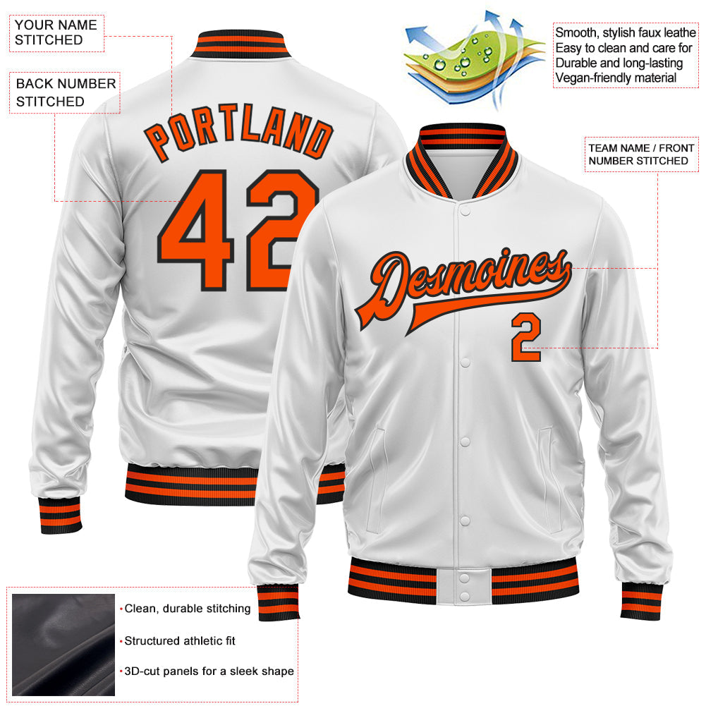 Custom White Orange-Black Bomber Full-Snap Varsity Faux Leather Letterman Jacket view 2