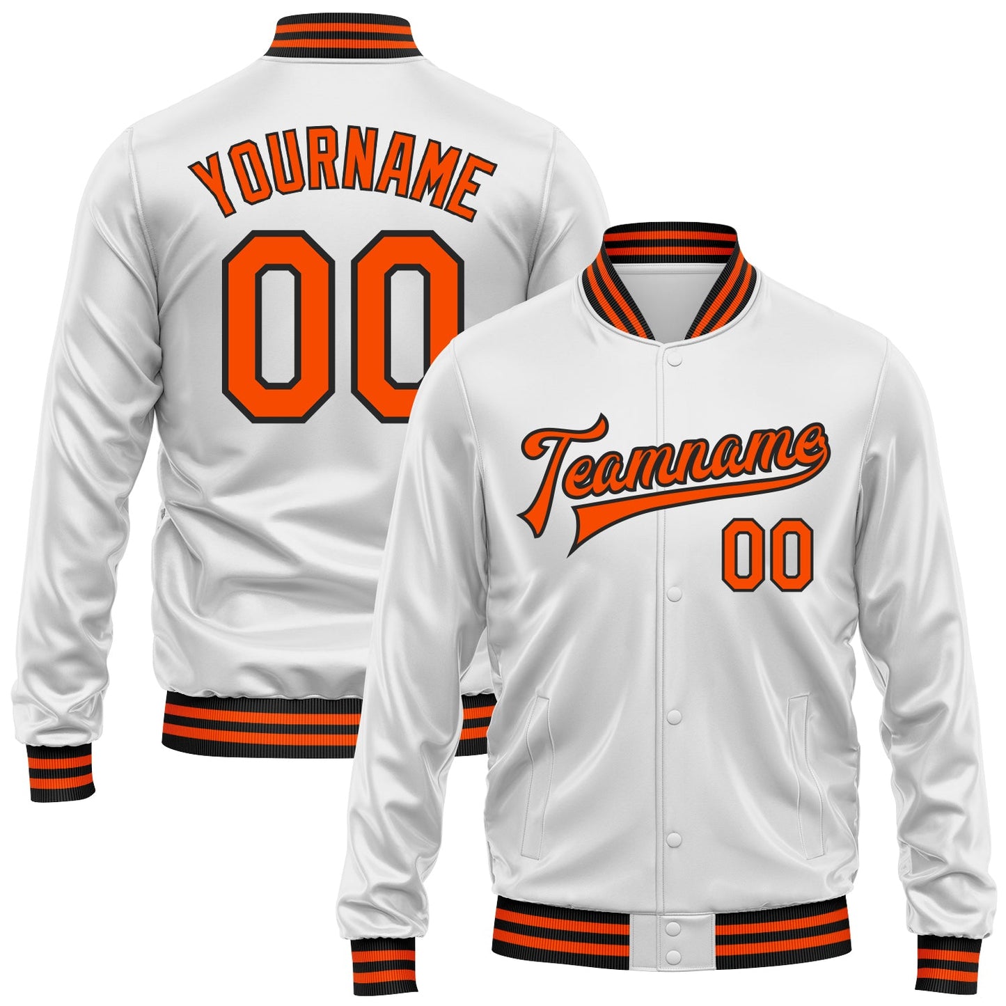 Custom White Orange-Black Bomber Full-Snap Varsity Faux Leather Letterman Jacket - Main View
