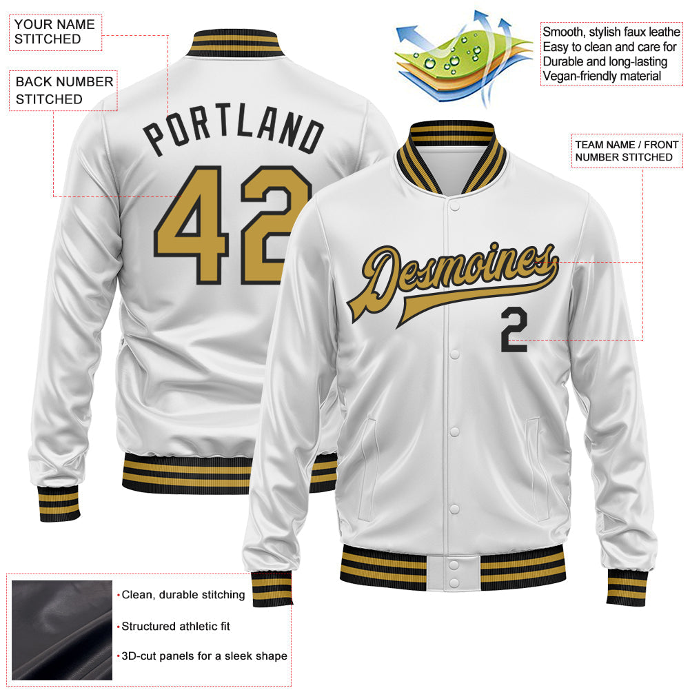 Custom White Old Gold-Black Bomber Full-Snap Varsity Faux Leather Letterman Jacket view 2