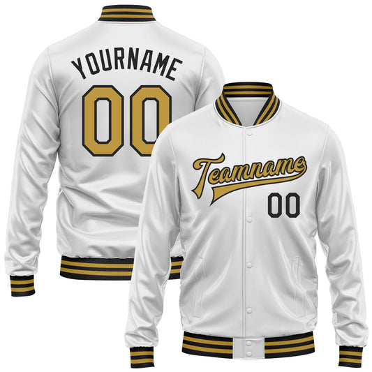 Custom White Old Gold-Black Bomber Full-Snap Varsity Faux Leather Letterman Jacket - Main View