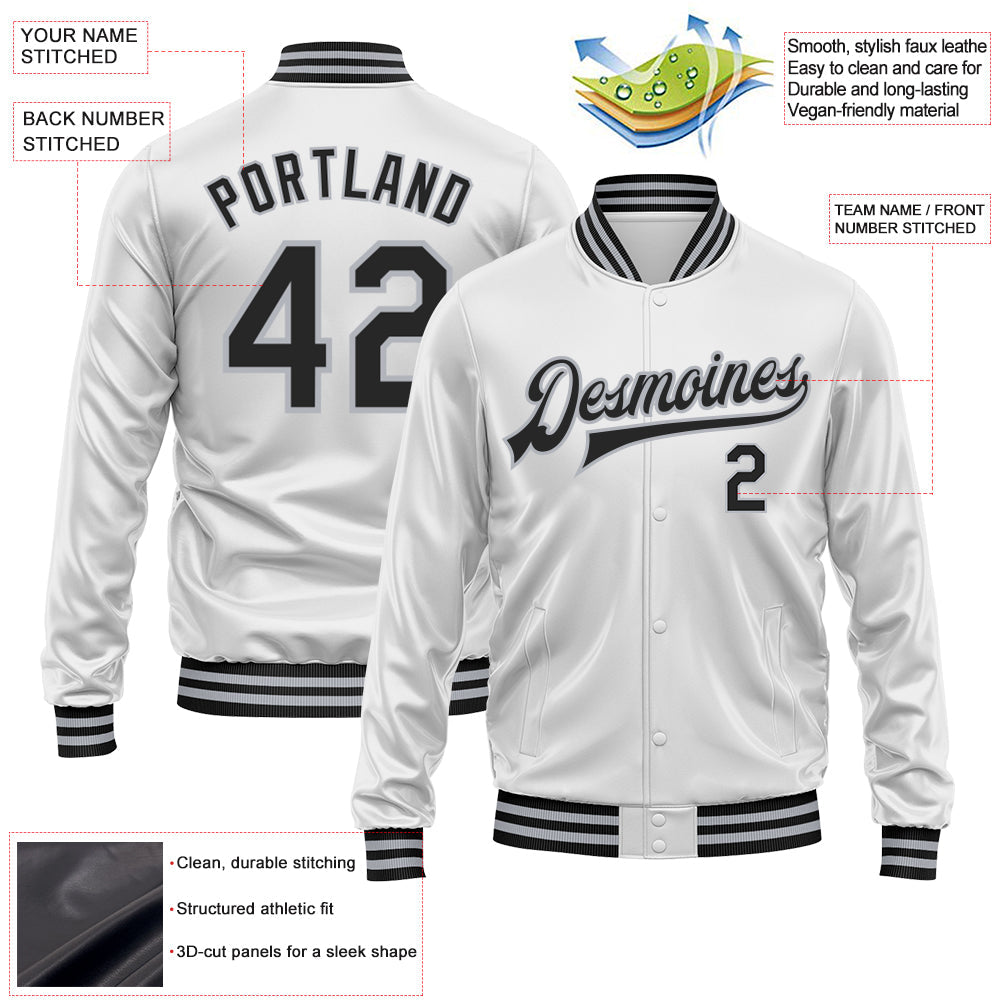 Custom White Black-Gray Bomber Full-Snap Varsity Faux Leather Letterman Jacket view 2