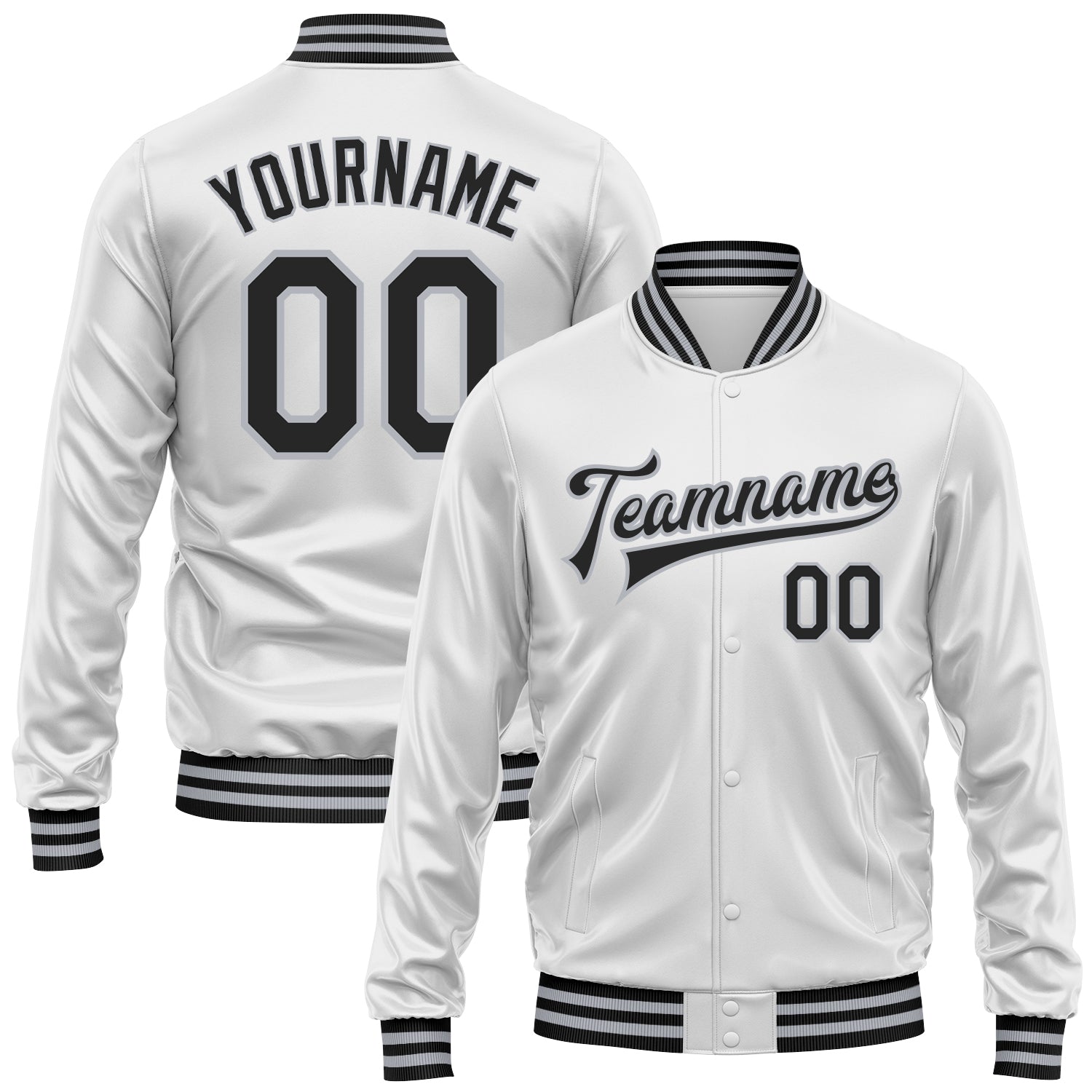 Custom White Black-Gray Bomber Full-Snap Varsity Faux Leather Letterman Jacket - Main View