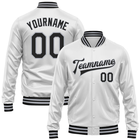 Custom White Black-Gray Bomber Full-Snap Varsity Faux Leather Letterman Jacket - Main View
