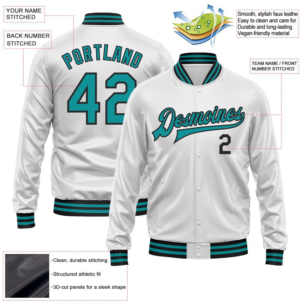 Custom White Teal-Black Bomber Full-Snap Varsity Faux Leather Letterman Jacket view 2