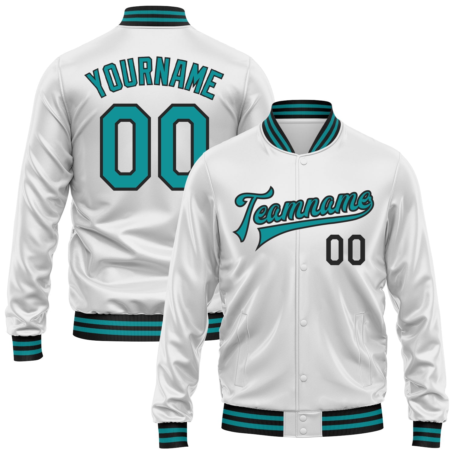 Custom White Teal-Black Bomber Full-Snap Varsity Faux Leather Letterman Jacket - Main View