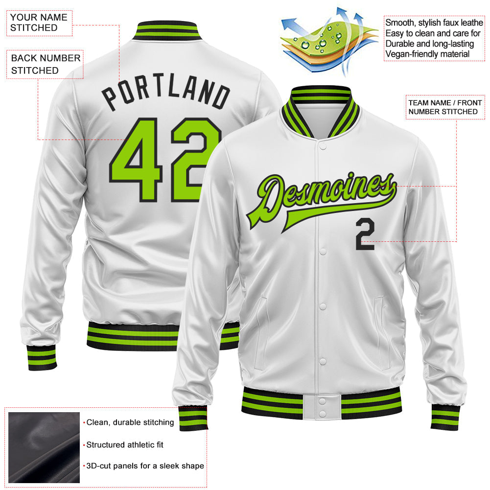 Custom White Neon Green-Black Bomber Full-Snap Varsity Faux Leather Letterman Jacket view 2