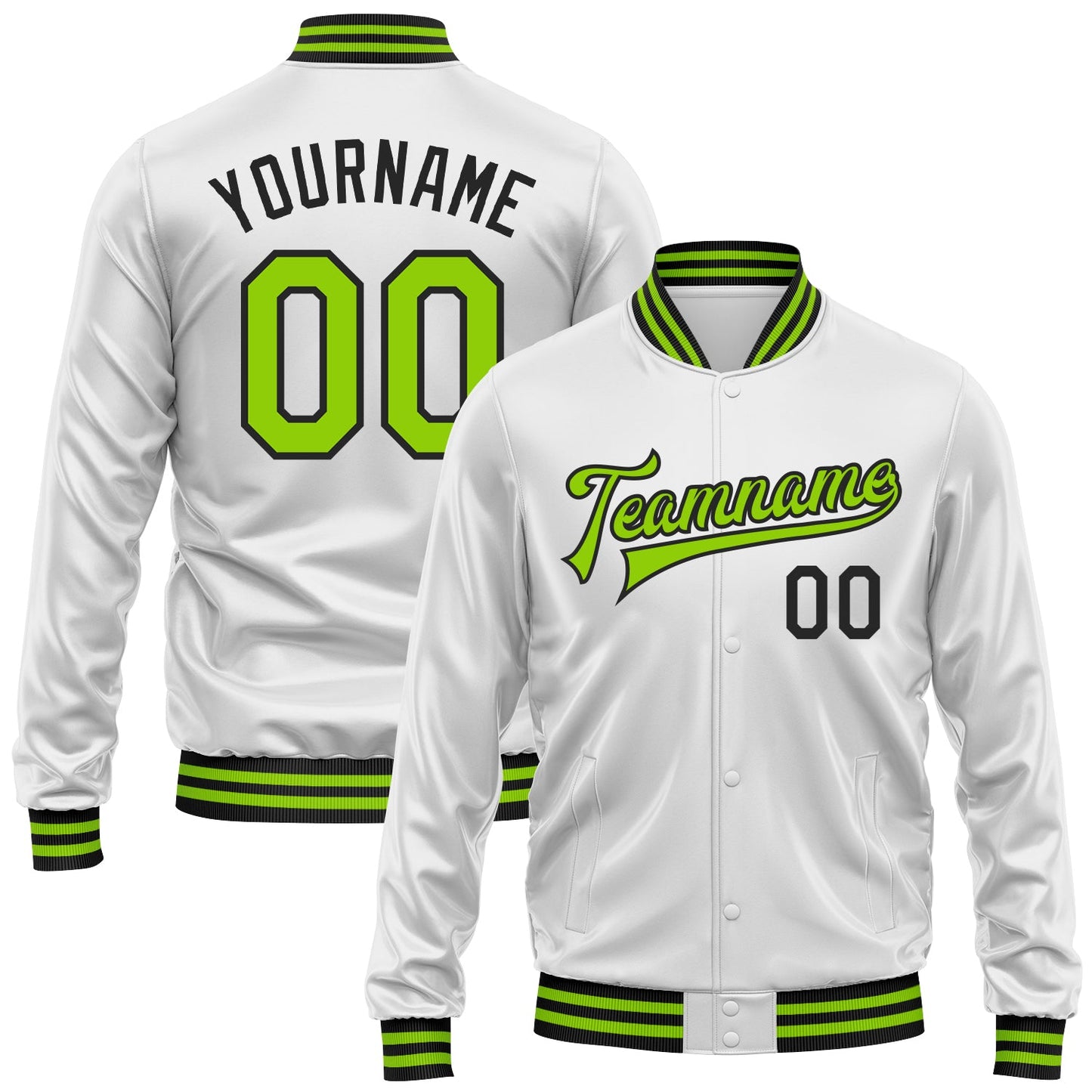 Custom White Neon Green-Black Bomber Full-Snap Varsity Faux Leather Letterman Jacket - Main View