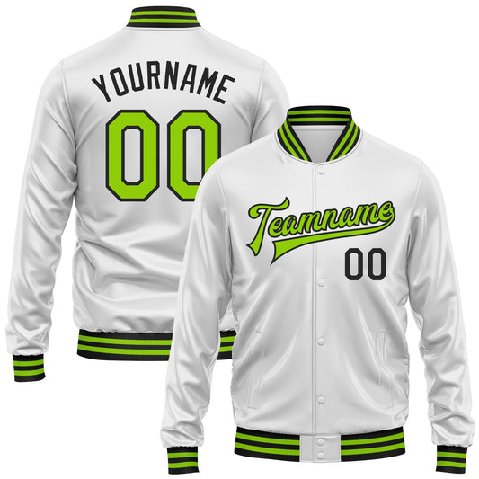 Custom White Neon Green-Black Bomber Full-Snap Varsity Faux Leather Letterman Jacket - Main View