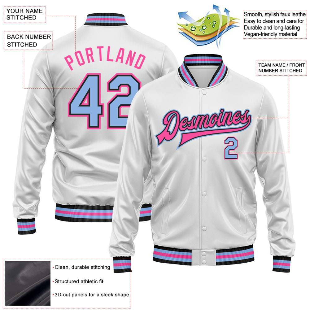 Custom White Light Blue Pink-Black Bomber Full-Snap Varsity Faux Leather Letterman Jacket view 2